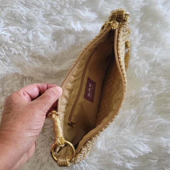 The Sak Original Gold Metallic Woven Crochet Shoulder Bag Chain Strap & Zipper - Picture 7 of 9